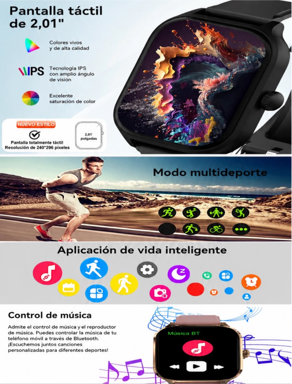 Reloj inteligente, pantalla completamente táctil HD